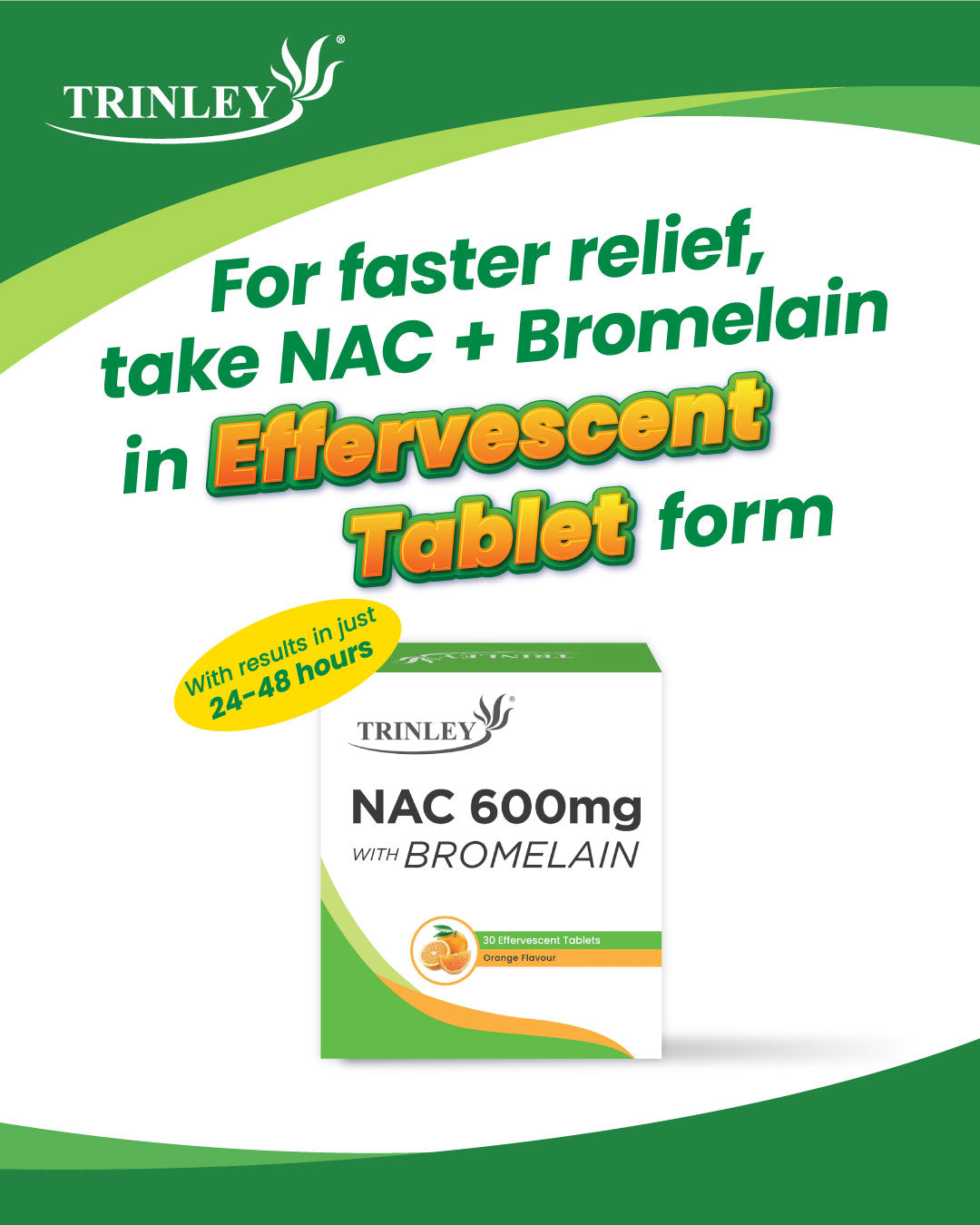 Trinley NAC 600mg with Bromelain (30 Effervescent Tablets) Orange Flavor