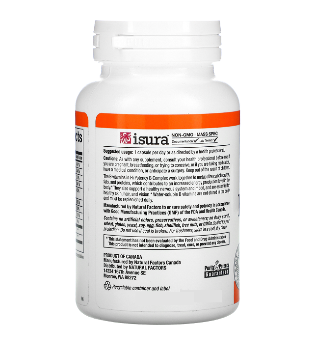 Natural Factors Hi Potency B Complex 50mg (90 Easy to Swallow Capsules)