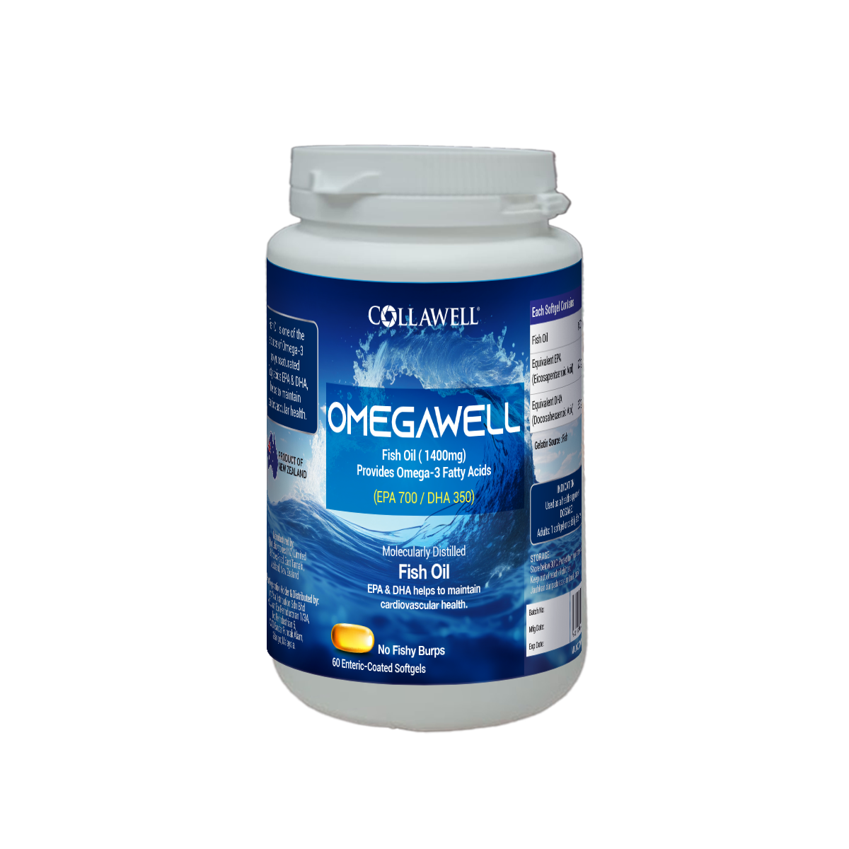 A white plastic bottle of Collawell OmegaWell Fish Oil dietary supplement with a blue and white label, shown on a plain white background.