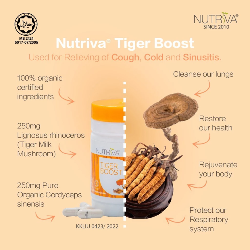 Nutriva Tiger Boost 500mg (30 capsules) Tiger Milk Mushroom with Cordyceps
