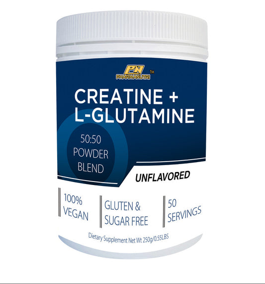 Supplement container labeled 'Creatine + L-Glutamine' with Pharmanutrics branding on a white background.