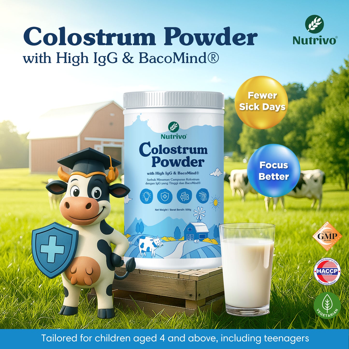 Nutrivo Colostrum Powder (500g) IgG 1000mg and BacoMind 2500mg USA Formula with Probiotics