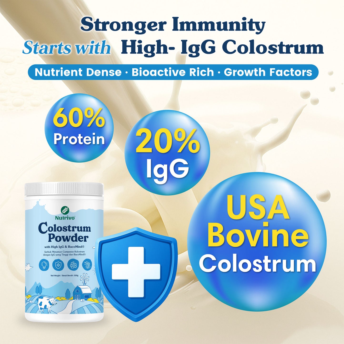 Nutrivo Colostrum Powder (500g) IgG 1000mg and BacoMind 2500mg USA Formula with Probiotics