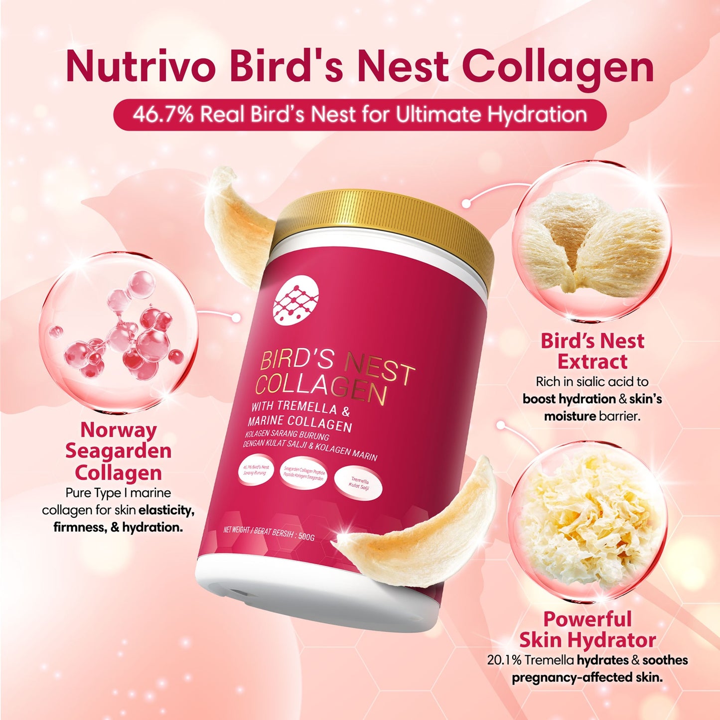 Nutrivo LumiWhite Bird's Nest Collagen Beverage (500g) with Tremella and Seagarden Marine Collagen