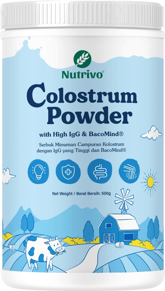 Nutrivo Colostrum Powder (500g) IgG 1000mg and BacoMind 2500mg USA Formula with Probiotics