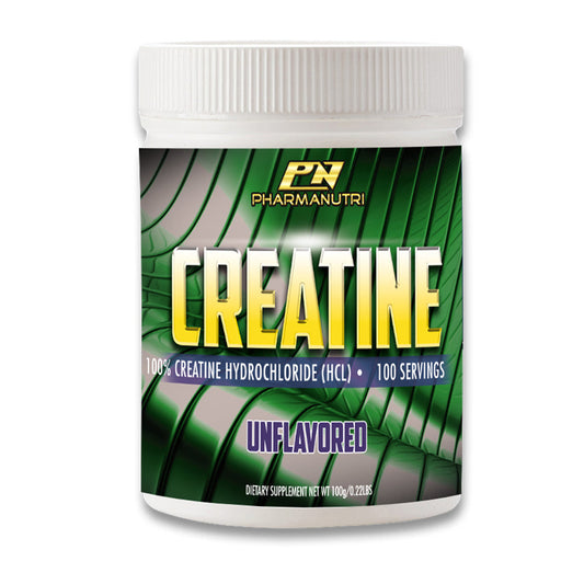 Creatine supplement container with Pharmanutri branding on a white background