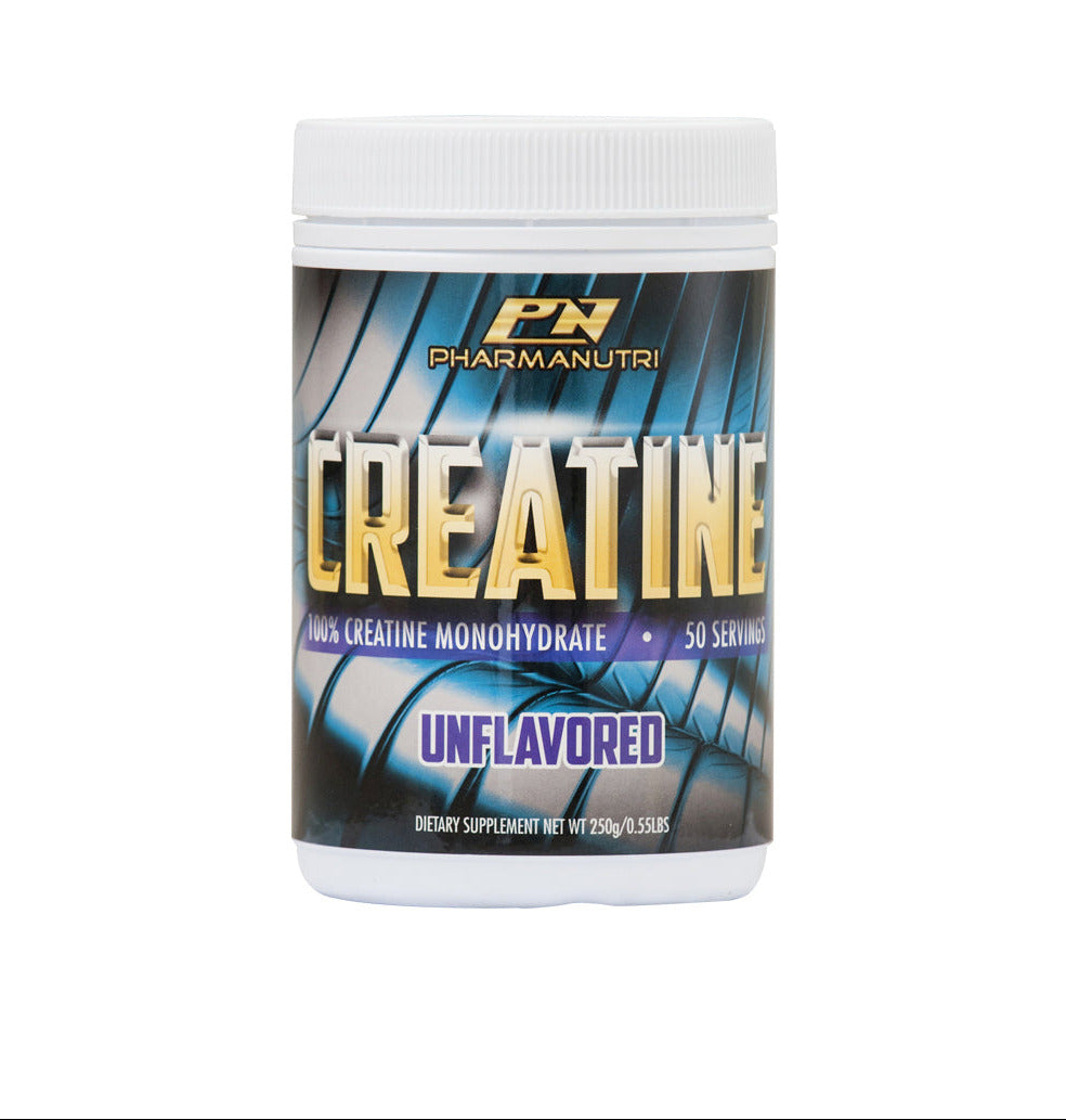 Creatine supplement container with Pharmanutri branding on a white background