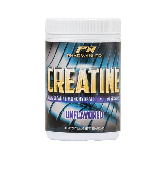 Creatine supplement container with Pharmanutri branding on a white background