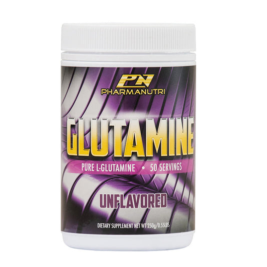 Pharmanutri Glutamine supplement container with branding and product details on a white background