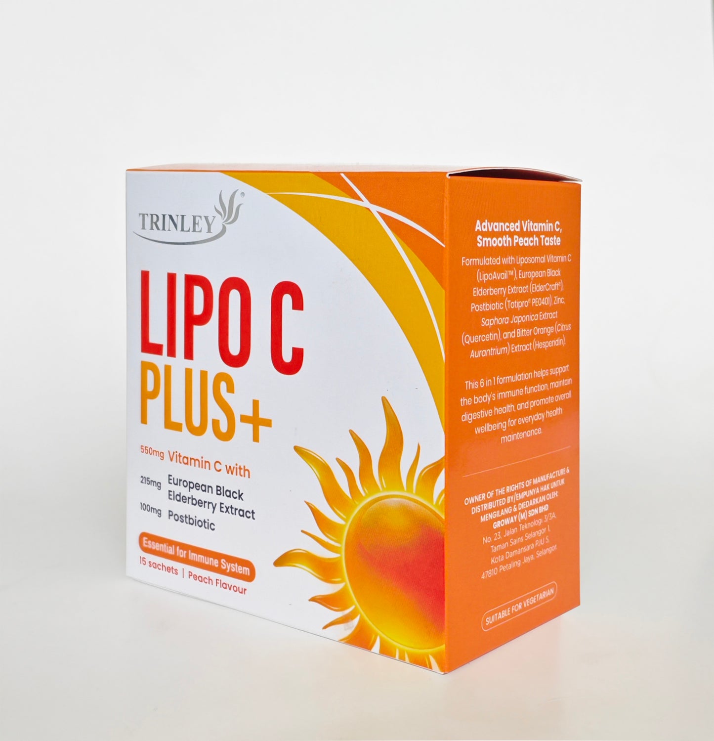 A box of Trinley Lipo C Plus+ dietary supplement, peach flavor, featuring a white and orange design with a sun graphic on a light gray background.