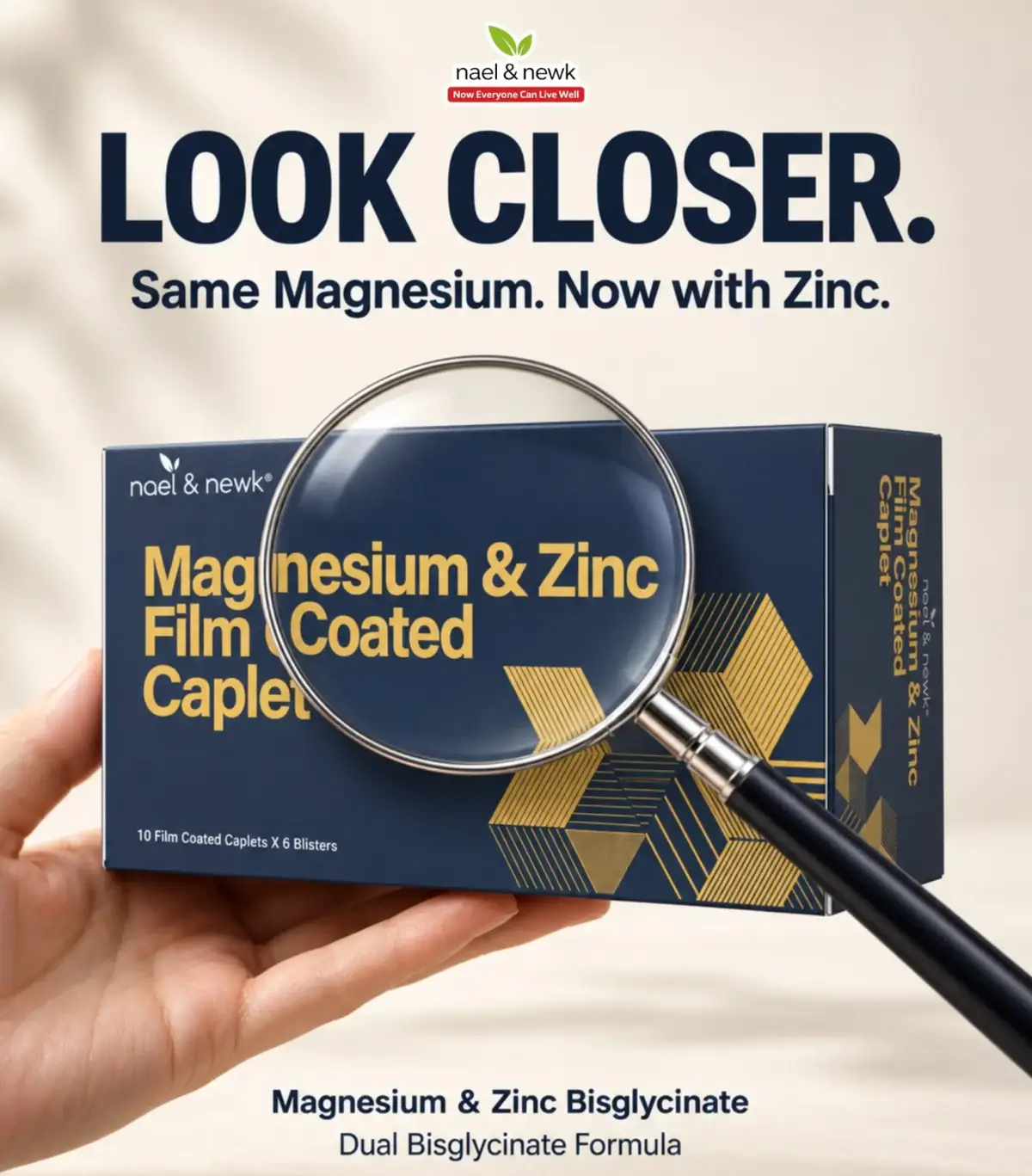Nael & Newk Magnesium 750mg & Zinc Bisglycinate 25mg (60 Film Coated Caplets)