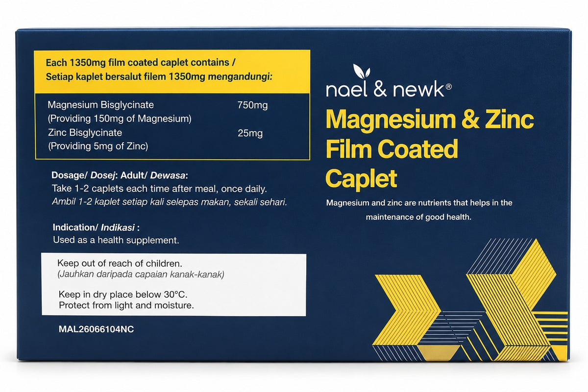 Nael & Newk Magnesium 750mg & Zinc Bisglycinate 25mg (60 Film Coated Caplets)