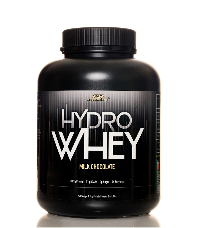 Black container of Hydro Whey protein powder with a label on a white background