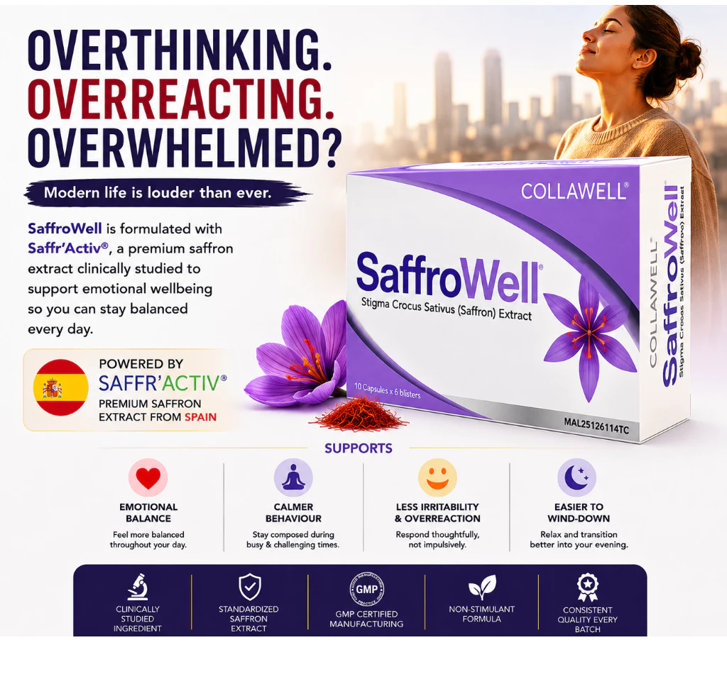 SaffroWell stress and emotional wellness supplement box by Collawell, featuring a purple and white box design with a purple flower graphic, set against a city skyline background with a woman in the upper right. The left side contains marketing text, and the bottom features benefit icons.